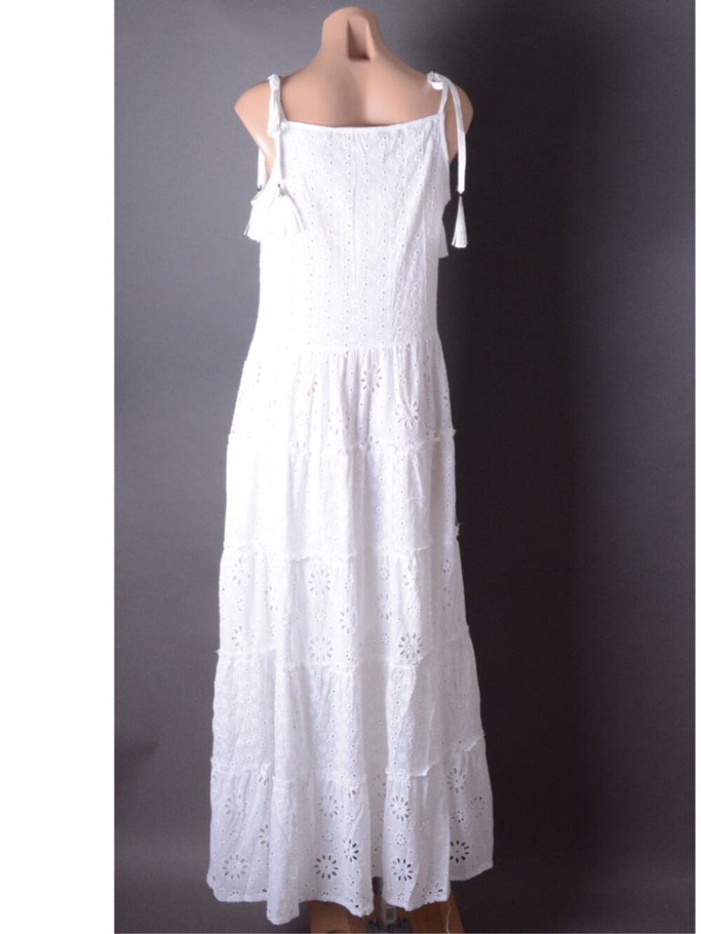 White Tiered Crochet Eyelet Fringe Bohemian Sleeveless Bow Summer Long Dress - Picture 8 of 11